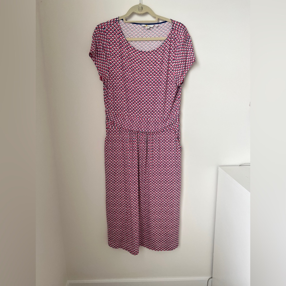 Boden Amelie Printed Midi Dress Red Navy Geo Pattern Size 10L